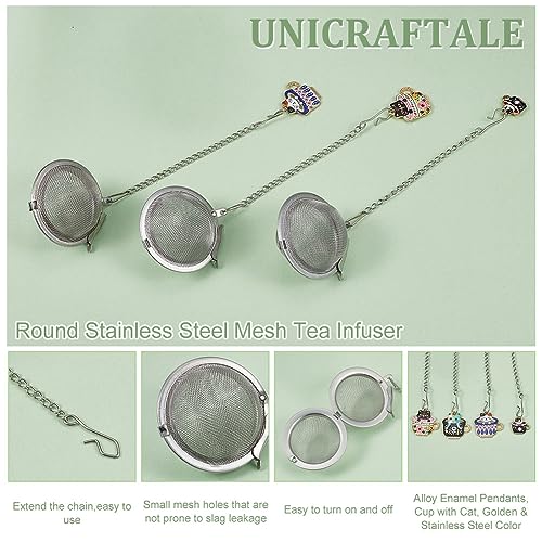 UNICRAFTALE 4 Sets 304 Stainless Steel Loose Leaf Tea Ball Mesh Tea Strainer with Alloy Enamel Pendants Round Tea Strainer Set including Cat Cup Pendant for Brew Tea Spices & Seasoning - Image 4