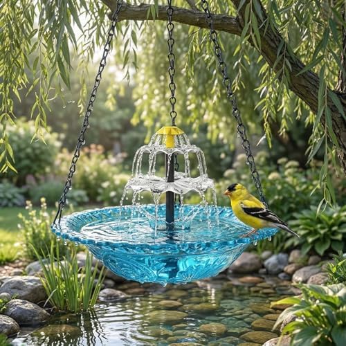 Hanging Solar Bird Bath Fountain, Solar Powered Cascading Outdoor...