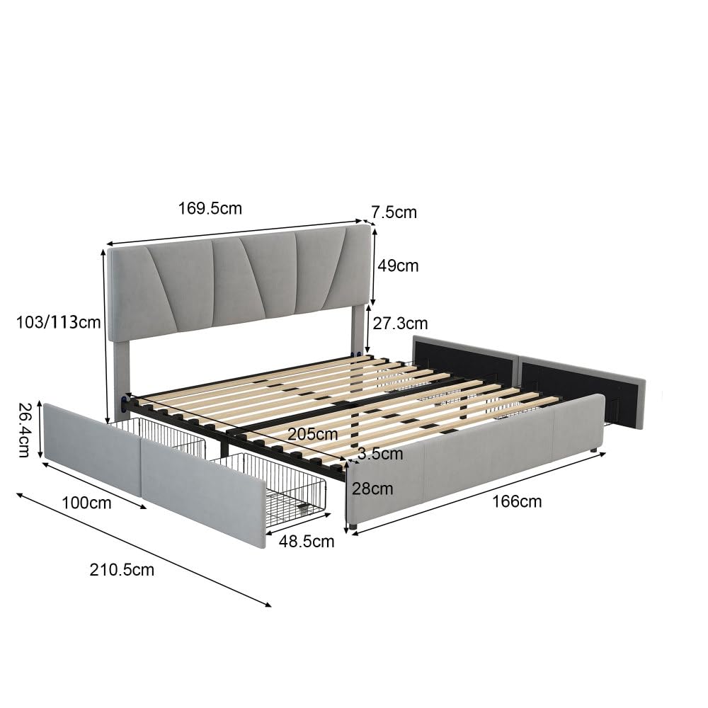 Cama de Matrimonio tapizada, Plataforma con 4 cajones en 2 Lados, cabecero Ajustable, no Necesita somier (160 * 200cm-gris)