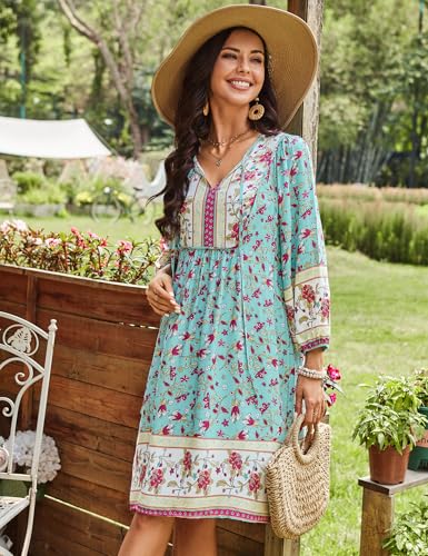 Image of Bluetime Women Casual Summer Dress Boho V Neck 3 /4 Sleeve Babydoll Floral Print Flowy Beach Dress
