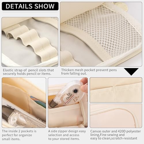 Image of EASTHILL Pencil Case Large Capacity Pencil Pouch School Suppies Pen Case Stationery College Office Organizer for Girls Adults-Cream