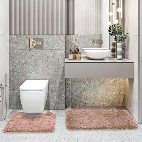 Image of LUXE HOME INTERNATIONAL Polyester Contour Bath Mat - Washable, Anti Skid, Water Absorbent Contour Mats for Bathroom, Toilet, Wash Basin & Bathroom Contour Mat Set (Peach, 45x 75 cm & 40x45)
