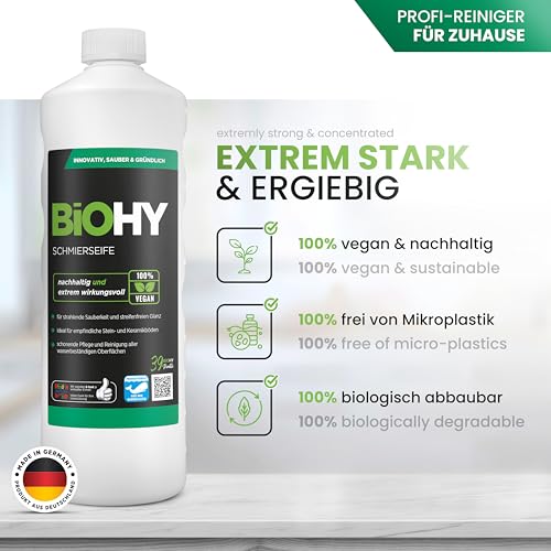 Foto von BiOHY Schmierseife (1l Flasche) | Konzentrat für Bodenreinigung – Wischpflege für Holz, Parkett & Fliesen | Rückfettend, extra stark & ergiebig | Flüssiger Bio-Fußbodenreiniger
