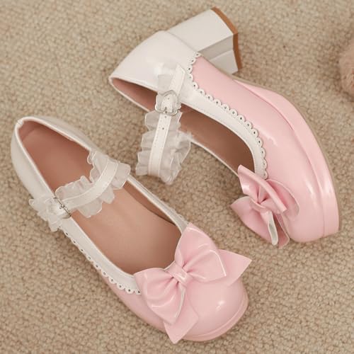 LUXMAX Women Cute Mary Janes with Bow Chunky Heel Kawaii Shoes Sweet Lolita Shoes Mid Heel Cosplay Pumps3