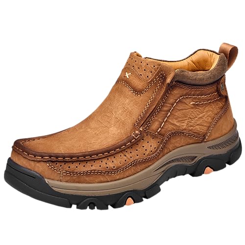 Mens Slip On Casual Loafers Classic Outdoor Leather Walking Hiking Shoes Comfortable for Work Office Dress Outdoor High Top