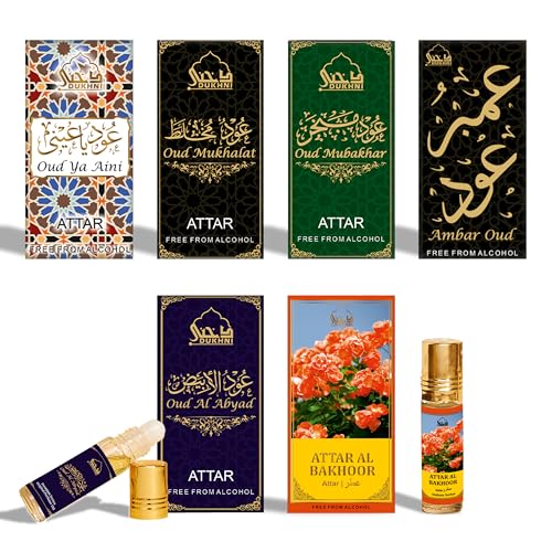Dukhni Maamoul Attar Oil Set Arab perfume oils for men and women | 6 assorted scents x 6ml | Arabian oud oil fragrances | Sampler Gift set, Halal & Vegan Islamic Scents