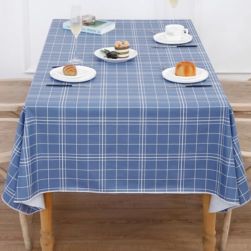Image of Heavy Duty Vinyl Tablecloth with Flannel Backing Waterproof Oil-Proof Plastic Table Cloth Stain-Resistant Wipeable Rectangle or Square Table Cover for Indoor and Outdoor (Blue Grid,60x102 Inch)