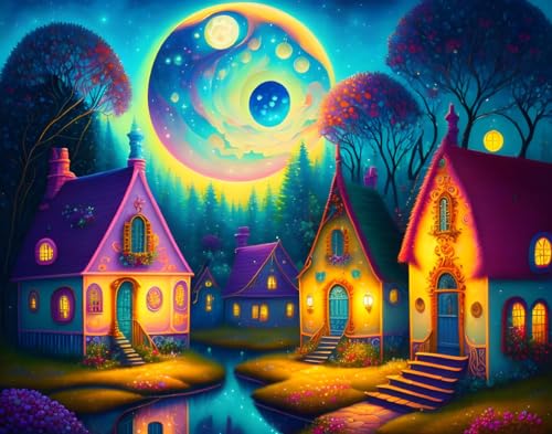 Maisons fantaisistes en peinture sur toile SERENDIPITP pour créer un havre de paix nocturne