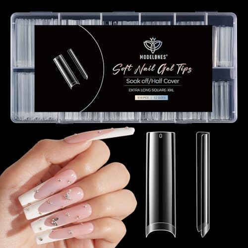 Image of Modelones XXL Square Half Cover Nail Tips, No C Curve 510Pcs Extra Long Extension Tips Pre-Etched Fake Press on Nails Tips Clear Natural Fit Acrylic Gel False Nails for Extension DIY Salon 15Sizes