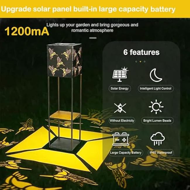 Large Solar Lanterns Outdoor Waterproof - 31inch Tall Lantern Decorative Hummingbird Projection Lights with 2 Tier Plant-Stand, Premium Metal, Solar Outdoor Lanterns for Patio Garden Yard Lawn Decor