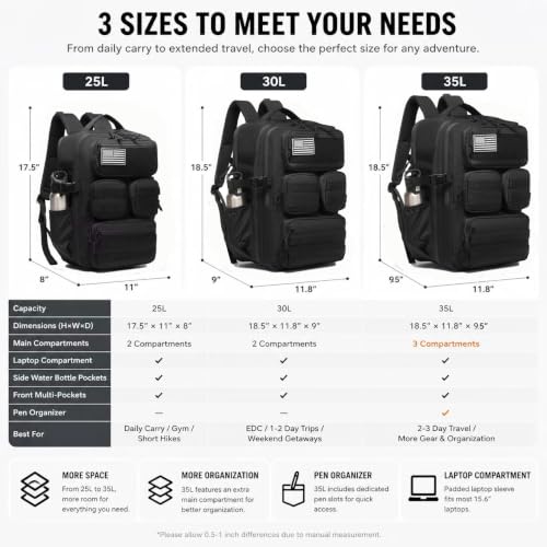 Image of Wotony Tactical Backpack for Men, 25L /35L /45L EDC Backpack with Laptop Compartment, MOLLE System, Water-Resistant 900D Fabric, Multi-Pocket Travel Backpack for Hiking, Camping, Gym and Daily Use
