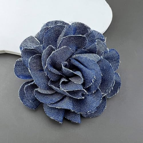 Image of PURPLELILY Blue Fabric Camellia Flower Brooches for Women Handmade Cloth Lapel Pin Corsage Fashion Jewelry Badge Cloth Accessories, 10cm /3.94inch, Denim Alloy
