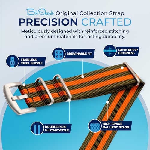Image of BluShark - Original Collection Military-Style Waterproof Watch Strap, Fits All Timepiece Brands, Durable Nylon Wristwatch Accessories with Stainless Steel Buckle - 18mm, 20mm, 22mm & 24mm Watch Bands