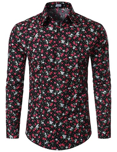 JOGAL Herren Regular Fit Floral Business Hemd Langarm Button Down Print Freizeithemd Schwarz Kirsche Groß