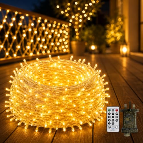 CORST 100M Fairy Lights Outdoor String Lights Plug in 600LED Long Balcony Gazebo Lights Indoor Fairy Light String for Room Waterproof with Remote Timer 8 Modes for Garden Tree(Warm White)
