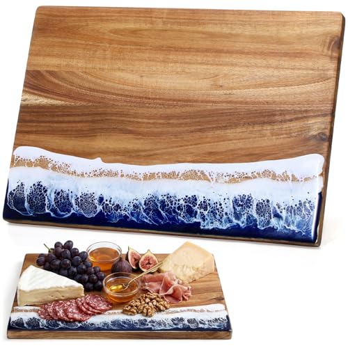 Tabla de cortar rectangular de madera con diseño en resina azul miniatura 1