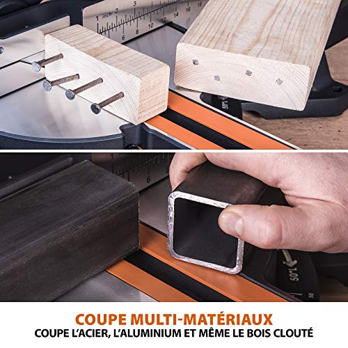 Evolution Power Tools Scie à Onglet Coulissante avec des Caractéristiques PLUS - 0-45˚ Biseau, 50-50˚ Onglet - Coupe Multi-Matériaux - Le Bois, Le Plastique, Le Métal Lame Incluse 255mm - R255SMS+ – Image 5