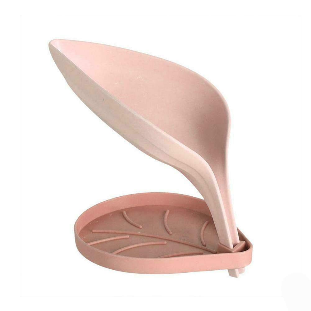 Hozora Pink Leaf Shaped Soap Box Double Layer Tray Strainer Sponge Holder Sink Drain Rack (Pink)