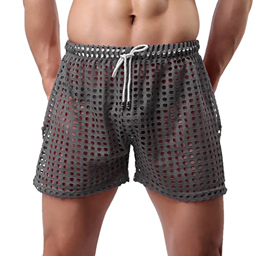 Mens Swimsuits Sexy Mesh Hollow Sexy Mesh Half Shorts Drawstring Beach Surfing Board Shorts Fashion Swimming Trunks