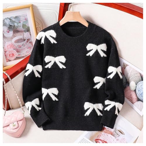 Image of BEAUDRM Girl's Cute Bow Sweater Crew Neck Long Sleeve Drop Shoulder Loose Pullover Tops