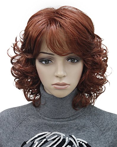Kalyss Short Full Curly Wavy Synthetic Fox Red Hair Wigs with Hair Bangs Wig for Women