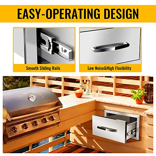 Image of Outdoor Kitchen Single Drawer 14 inch W x 8.5 inch H x 23 inch D Inches BBQ Drawer Stainless Steel Access Drawers with Exquisite Handle for Outdoor Kitchen Island or Grill Station