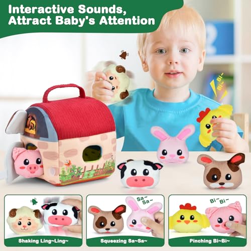 CIOXSOIO Baby Spielzeug 6-12 Monate,Bauernhoftiere & Bauernhof Montessori Sensorisches Spielzeug,Kinder Lernspiele & Motorikspielzeug Weiches Sensorik-Spielset mit Kuscheltieren und Geräuschen