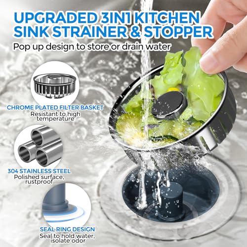 Image of zaa Kitchen Sink Drain Strainer - Kitchen Sink Stopper, 304 Stainless Steel Sink Drain Stopper, Sink Protector for Kitchen with Anti-Clog Filter, Fit US Standard 3-1 /2'' Sink Drain Hole, Gray | Kitchen Sink Accessories 1 Pack Brushed Grey Stainless - Food Catcher, Odor-Blocking Seal, Fits 3.5 inch Drain