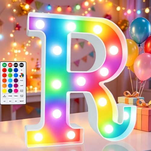 Image of LED Marquee Letter Lights, 18 Colors Changing Light Up Letters with Remote, RGB Alphabet Letters Sign for Girls Boys Gift Birthday Party Night Light Bedroom Wedding Christmas Decor-Colorful R