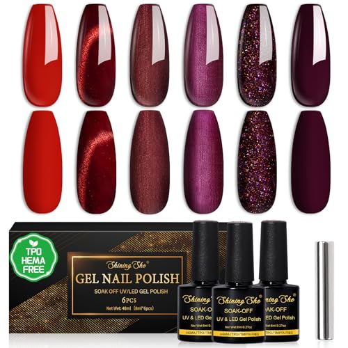 Shining She Esmaltes Semipermanentes para Uñas sin TPO sin HEMA, 6 Colores Rojo Burdeos rojo Oscuro Rojo-Glitter rojo-Cat Eye Soak Off UV/LED Pintauñas Semipermanentes para Novato Nail Art,8ML