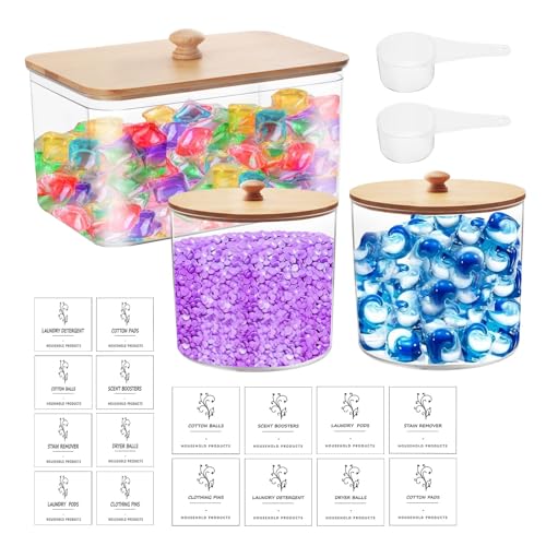 GeluEla 3Pcs Laundry Pods Container Set, Laundry Storage Containers, Laundry Containers, Washing Powder Storage Kit with Bamboo Lid, Scoops and Labels, for Washing Pods, Powder, Scent Booster