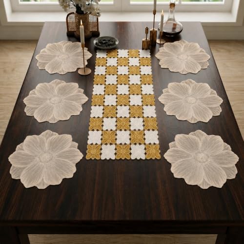 Image of Dakshya Industries PVC Waterproof Round Table Placemats & Table Runner Combo | 6 Round Mats (38 x 38 cm) + 1 Runner (91 x 33 cm) | Heat Resistant, Washable, Non Slip (Vintora)