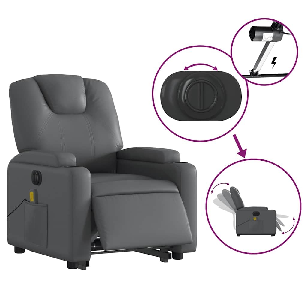 Sillón elevador eléctrico reclinable con masaje por vibración, color gris, de piel sintética, 6 puntos de masaje, función de elevación e inclinación de 135 grados, estructura
