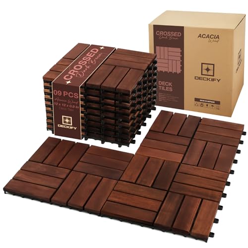 DECKIFY 9Pcs Acacia Wood Interlocking Patio Deck Tiles, 12 x 12 x 0.9 Inch Outdoor Flooring, Waterproof for All-Weather Use – Crossed, Dark Brown