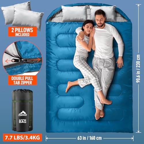 Image of MEREZA Double Sleeping Bag for Adults Mens with Pillow, XL Queen Size Two Person Sleeping Bag for All Season Camping Hiking Backpacking 2 Person Sleeping Bags for Cold Weather & Warm