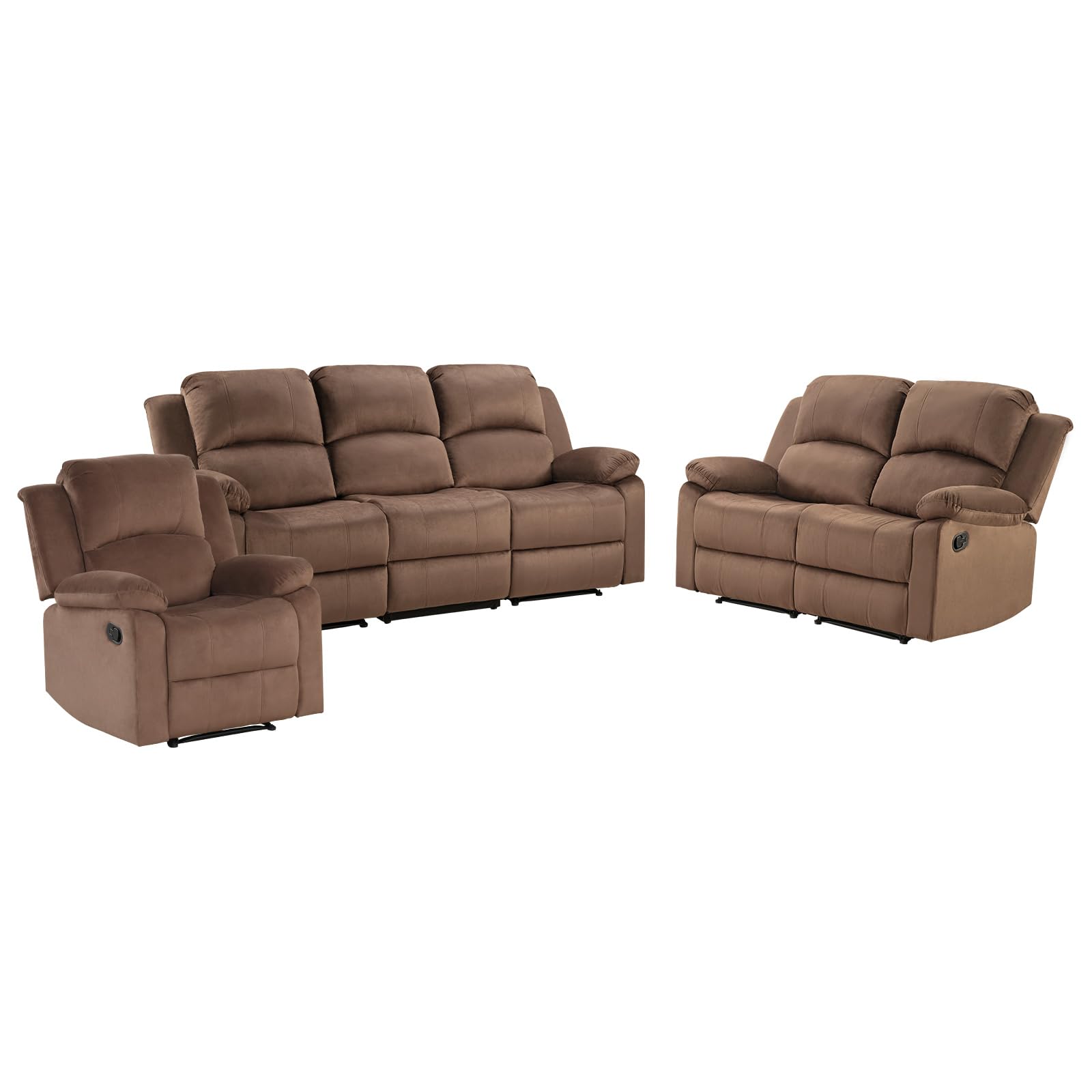 EBELLO Manual Recliner Sofa Set, Microfiber Reclining Couch Furniture Set for Living Room, Includes 1 Recliner Chair, 1 Loveseat Sofa and 1 3-Seater Reclining Couch, Brown view 9