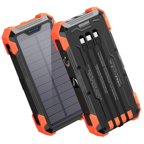 GOODaaa Solar Power Bank 24000mAh Portable Charger with 4 Built-in Cables 15W Fast Charging 5 Outputs 2 Inputs Battery Pack Thermometer & SOS Flashlight for iPhone 17/16 Samsung All Cell Phones