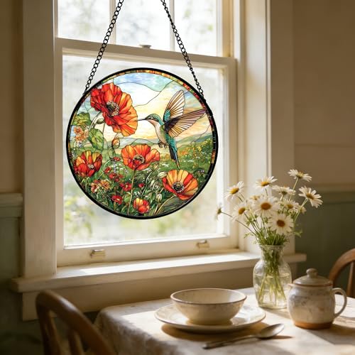 Image of DASTOLL Stained Glass Window Hanging, Hummingbirds Orange Flowers Suncatcher Diamond Glass Panel Hangings Sun Catchers Decor for Birthday for Women, Men, Wife, Aunt, and Mom 6.3 in