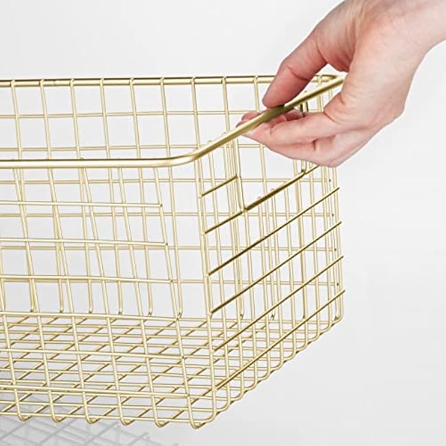 mDesign Metal Wire Food Storage Basket Organizer with Handles for Organizing Kitchen Cabinets, Pantry Shelf, Bathroom, Laundry Room, Closets, Garage - Concerto Collection - 4 Pack - Soft Brass