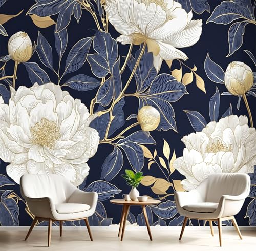 Papel Pintado 450x315cm Fotográfico Línea Peonía Papel de Pared XXL Flores De Papel Dorado Póster Gigante de Mural Decoración De Pared para Sala Cuarto Oficina Salón, Azul Oscuro