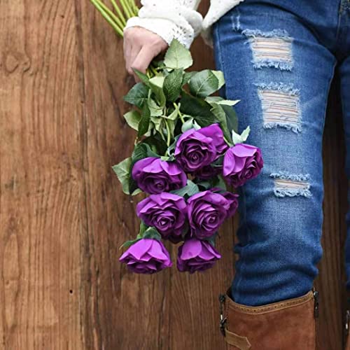 Laelfe 12 Pcs Large Purple Roses Artificial Flowers - Image 3
