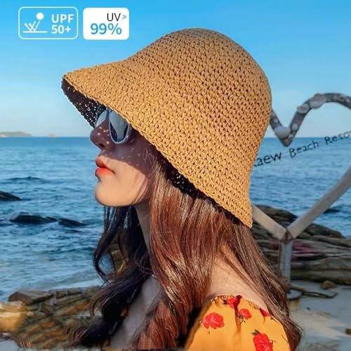 Image of Womens Floppy Straw Sun Hat Packable Wide Brim Summer Beach Hat Foldable Crochet Bucket Hats