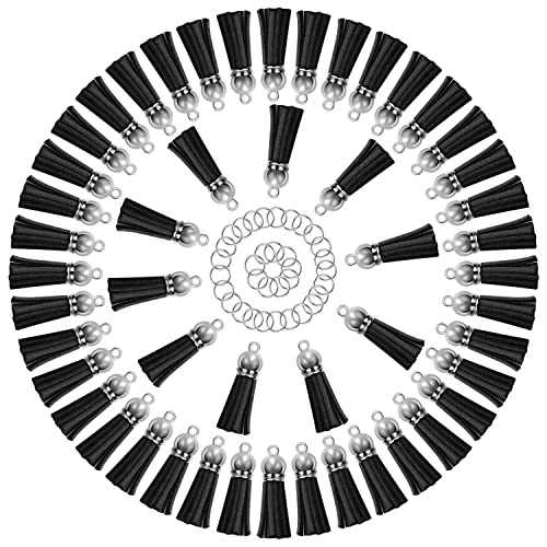 keychain tassels bulk paxcoo small tassels for jewelry making 50pcs leather tassel keychain charms with 50pcs jump rings for diy key chain craft black