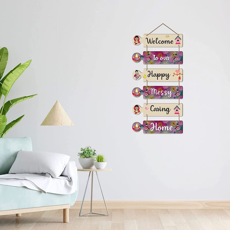 Image of Welcome to Our Happy Messy Caring Home Wall Hanging Decor | Wooden Hanging Quote Sign for Living Room, Bedroom, Entrance | Home Decoration Item