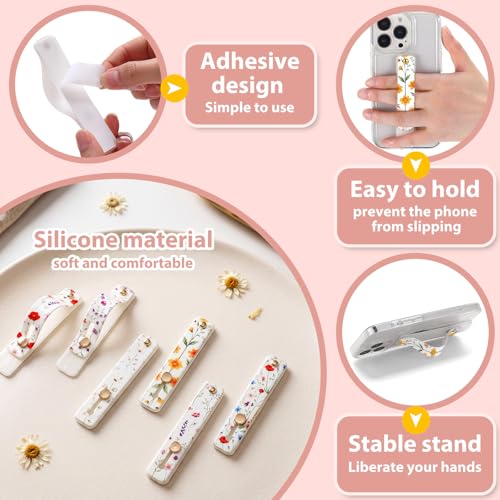 Image of Weewooday 6 Pieces Phone Grip Holder Cell Phone Grip Strap Telescopic Finger Strap Stand Universal Finger Kickstand for Most Smartphones(Soft Color,Floral)