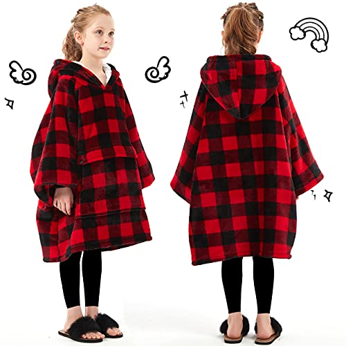 Image of KFUBUO Wearable Blanket Hoodie for Kids With Pocket, 6-10 Year Old, Plaid | Sherpa, Heavy Material, Oversized Sweatshirt Blanket, Kids Blanket, Girl Boy Gifts, Hooded Blanket Kids, Cozy Gifts for Kids