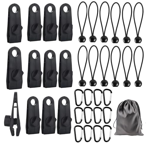 37 Stück Tarp Clips Set, Zeltplane Clips Planenbefestigung, 12 Stück Planenspanner Tarp Clips 12 Nylon Zelt Bungees Schnüre 12 Karabiner Clips und 1 Stück Holt die Taschen. für Hängematte,Camping