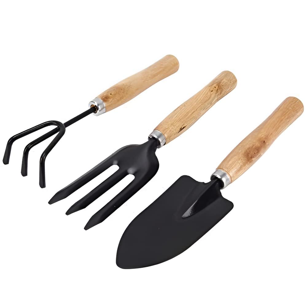 Gardening Hand Tool Kit Wooden Handle Garden Tools Set with Trowel Hand Cultivator and Garden Fork Durable Rust-Resistant Tools for Home Gardening (3 Pcs)