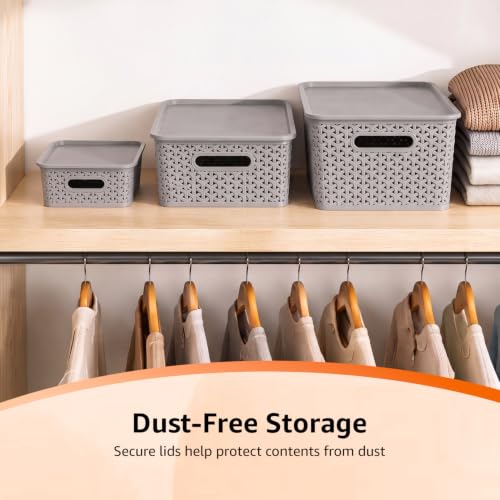 Image of Amazon Basics Set of 3 (Small, Medium, Large) Plastic Storage Baskets with Lid Stackable Shelf Basket, Storage Box & Organiser for Wardrobe, Kitchen,Clothes, Toys, Books, Office (Grey, Rectangular)