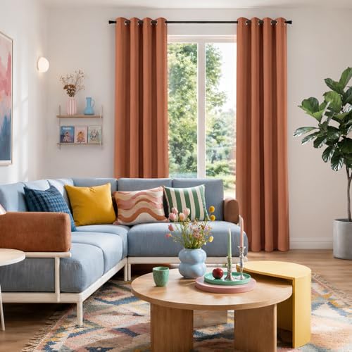 Image of 100% Blackout Shield Linen Textured Total Blackout Curtains for Bedroom 84 Inches Long, Orange Grommet Curtains for Living Room, Thermal Insulated Room Darkening Drapes, 50 inch W x 84 inch L, 2 Panels